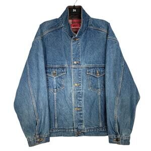 Vintage Marlboro Country Store Blue Denim Flannel Trucker Jacket Leather 90s